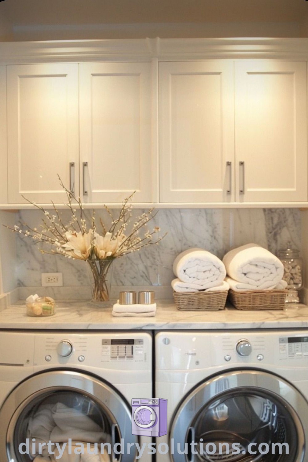 A white laundry room featuring a washer and dryer with marble countertops, showcasing elegant storage and decor ideas for a cozy aesthetic. Discover inspiring laundry room designs and solutions at dirtylaundrysolutions.com.