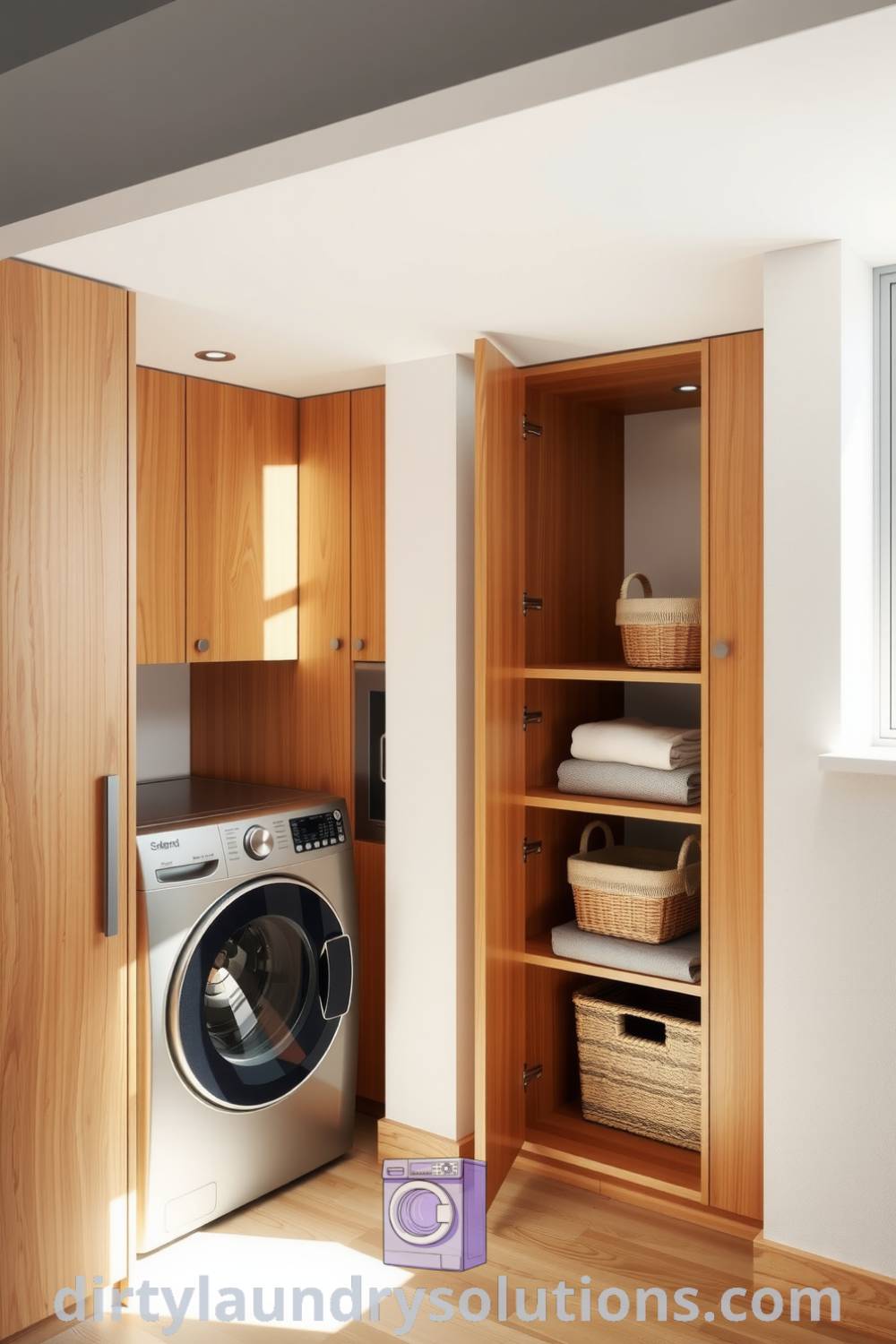 Cozy laundry area featuring sleek appliances and warm wood cabinetry, illuminated by soft natural light, showcasing minimalist design and organization ideas for busy homes. Discover inspiring ideas for your home at dirtylaundrysolutions.com.