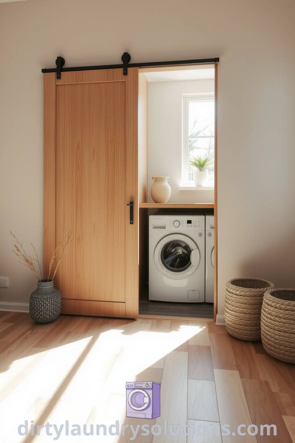 Hidden laundry area featuring warm wood cabinetry, smooth washer and dryer, natural plants, and soft sunlight creating a serene atmosphere perfect for small spaces. Discover unique ideas and cozy solutions for your home at dirtylaundrysolutions.com.