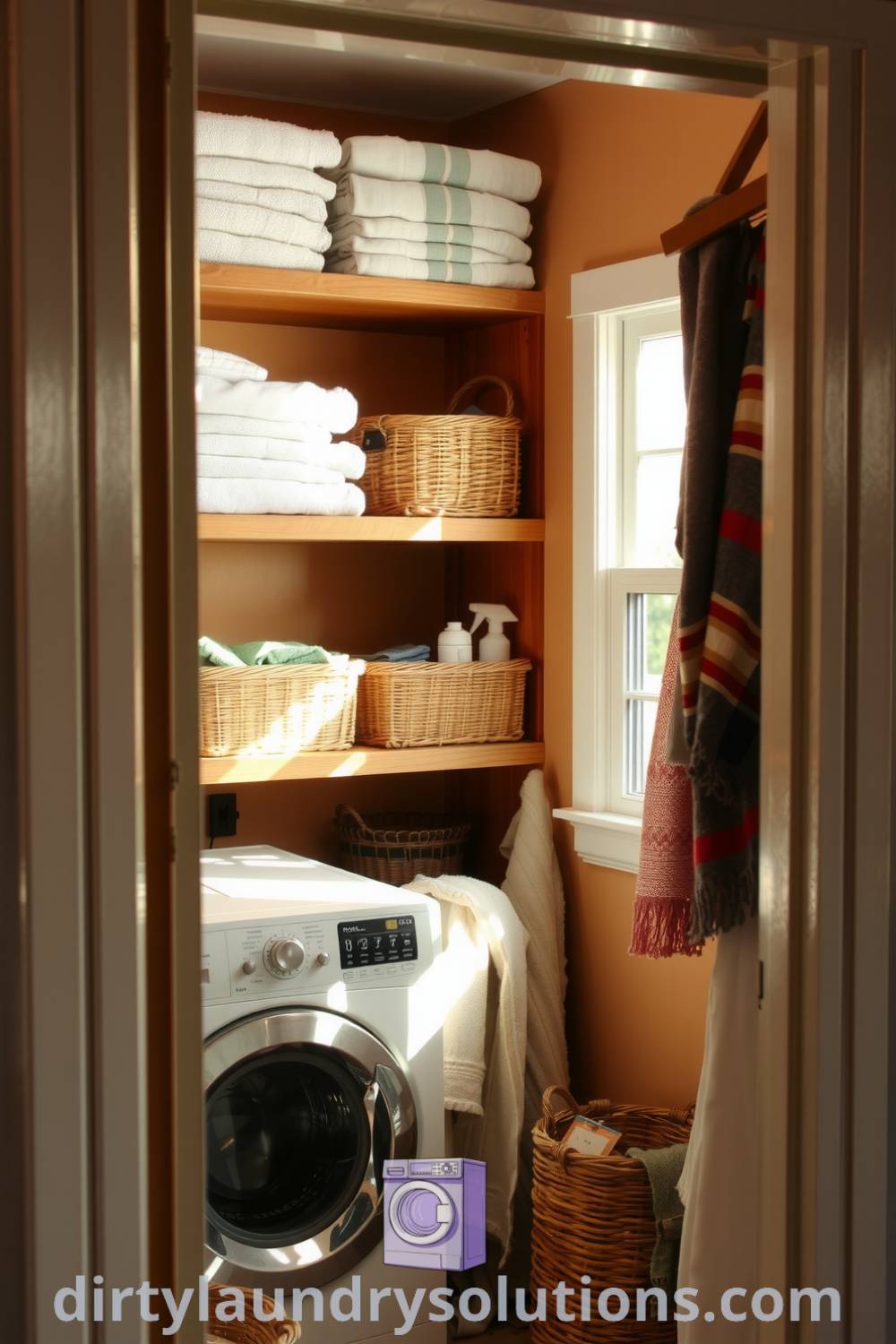 Cozy laundry room with wooden shelves, neatly folded towels, and vintage appliances illuminated by soft light, showcasing practical organization ideas and warm aesthetics. Explore more inspiring ideas for small spaces at dirtylaundrysolutions.com.
