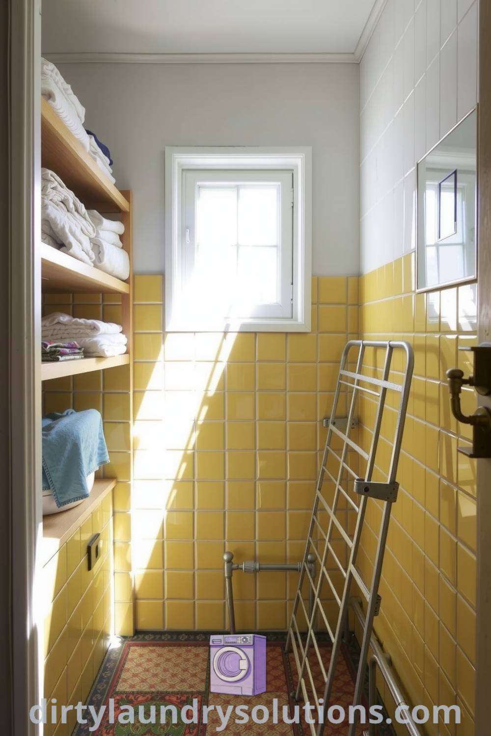 Cozy retro laundry hallway featuring vintage tiles in yellow and green, wooden shelving with linens, and a sturdy drying rack, illuminated by sunlight through a decorative window. Explore unique ideas for your home at dirtylaundrysolutions.com.