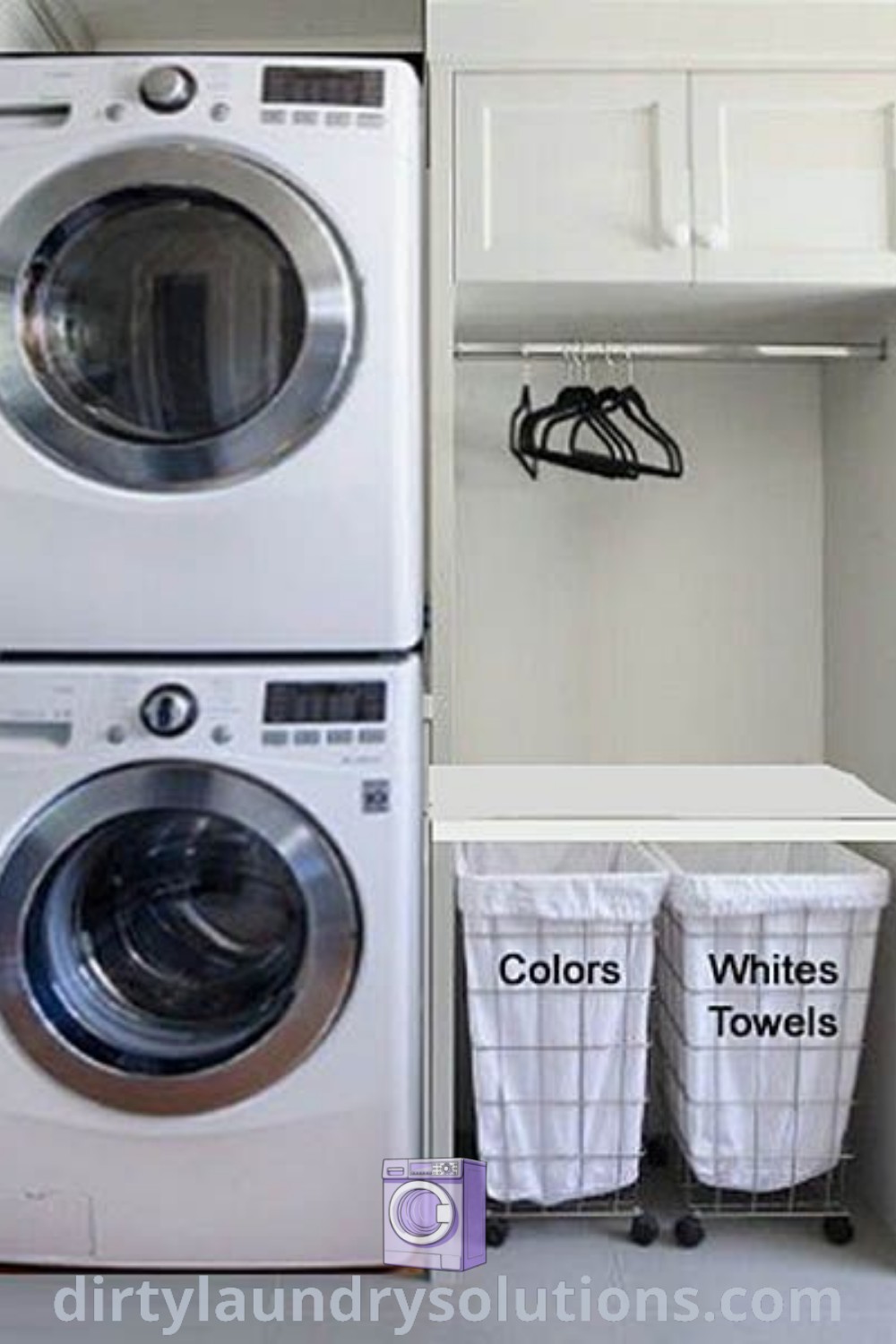 A cozy laundry room with a stacked washer and dryer and two baskets on the floor, showcasing laundry room organization ideas and decor. Explore more about laundry closet makeovers at dirtylaundrysolutions.com.