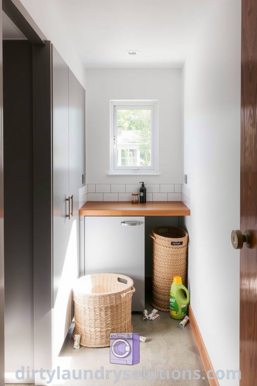 Modern laundry nook featuring sleek gray cabinets, natural wood countertop, woven baskets, and polished concrete floor, creating a serene and organized atmosphere. Explore inspiring ideas for your home at dirtylaundrysolutions.com.