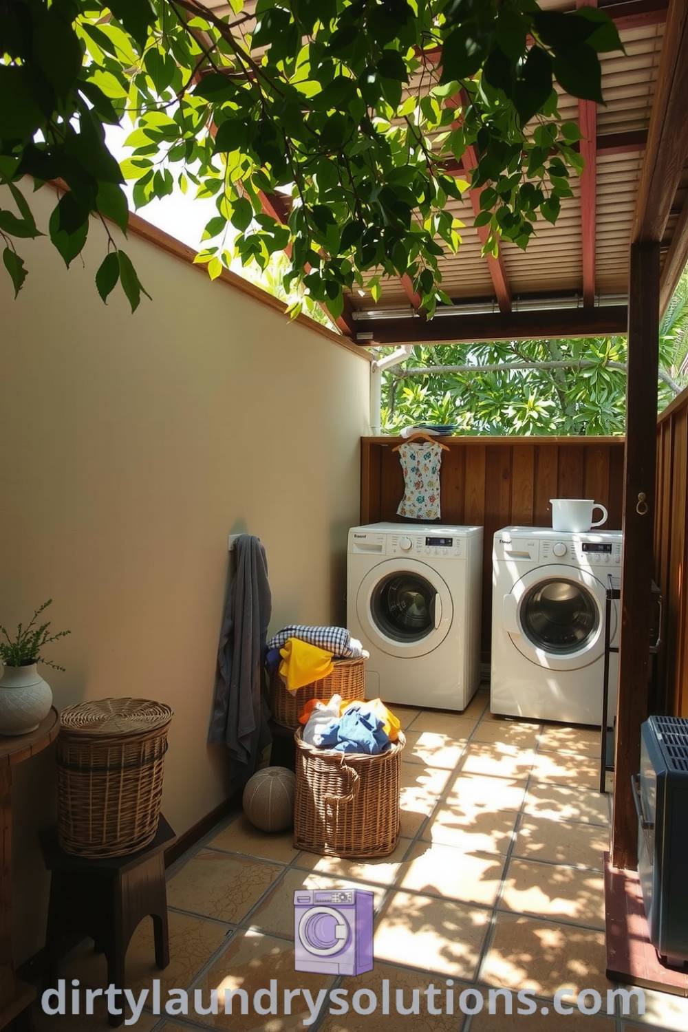 Cozy patio laundry area featuring weathered stone tiles, wooden awning, leafy overhangs, and colorful baskets, ideal for inspiring decor ideas for small spaces. Find unique ideas and solutions to freshen up your space at dirtylaundrysolutions.com.