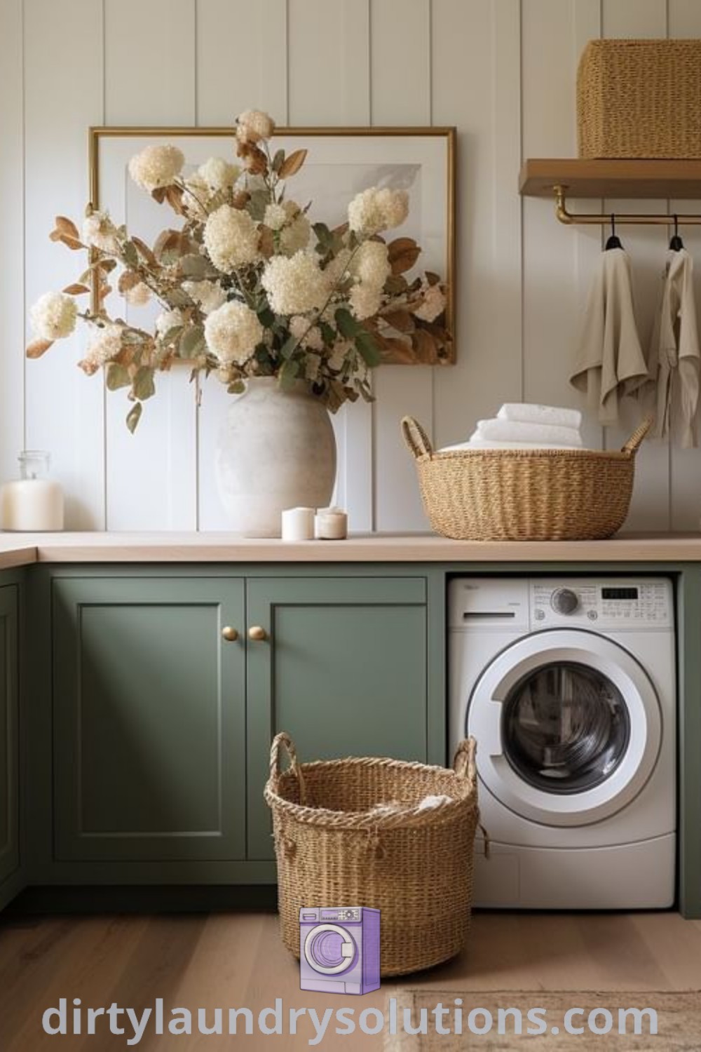 A laundry room with a washer and dryer alongside stylish green cabinets, showcasing cozy decor ideas for a farmhouse aesthetic and efficient organization. Discover more inspiring laundry room designs and tips at dirtylaundrysolutions.com.
