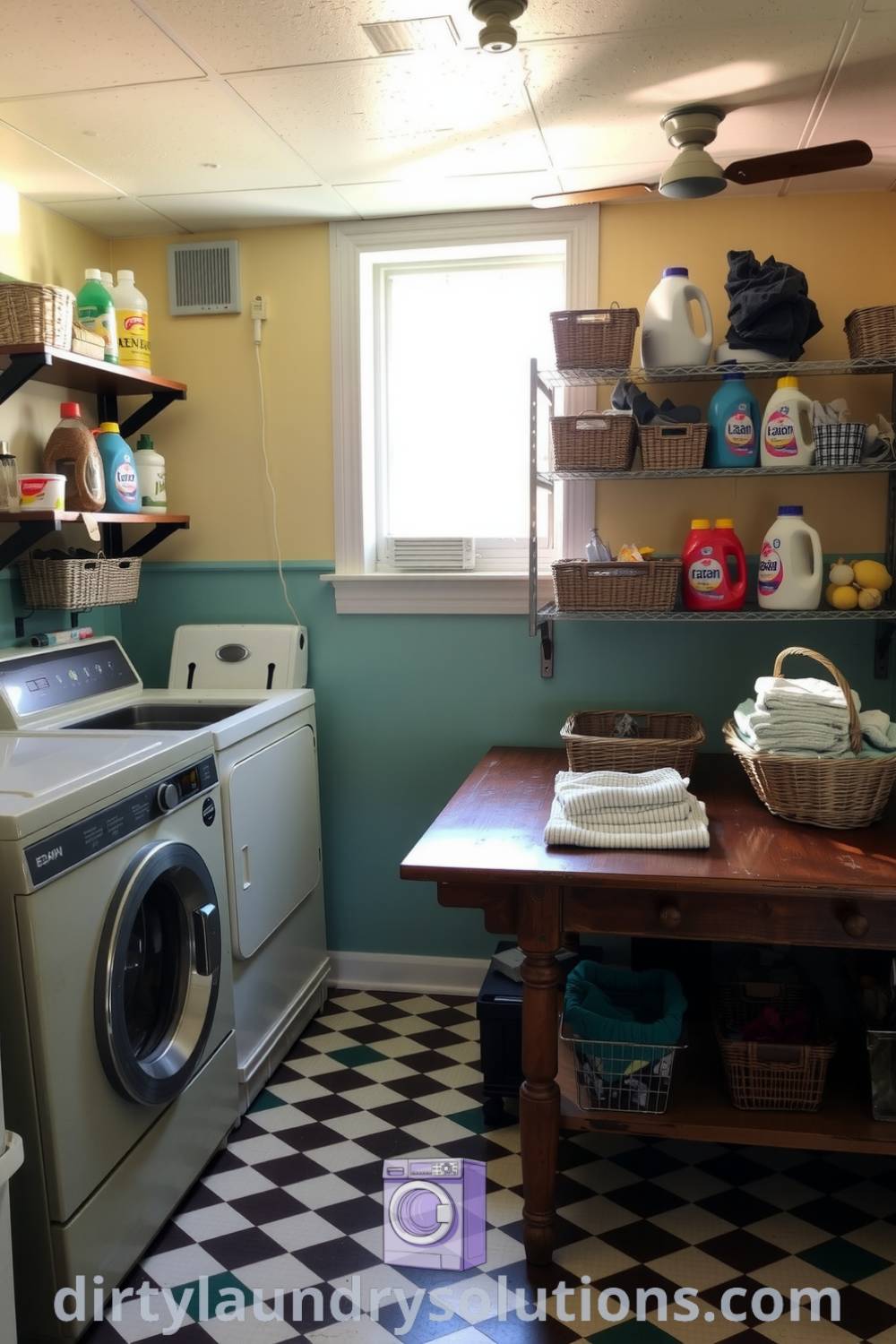 Cozy retro laundry room featuring faded pastel walls, vintage washing machine, and a wooden folding table, highlighting organization and inviting charm. Explore inspiring ideas for small spaces at dirtylaundrysolutions.com.