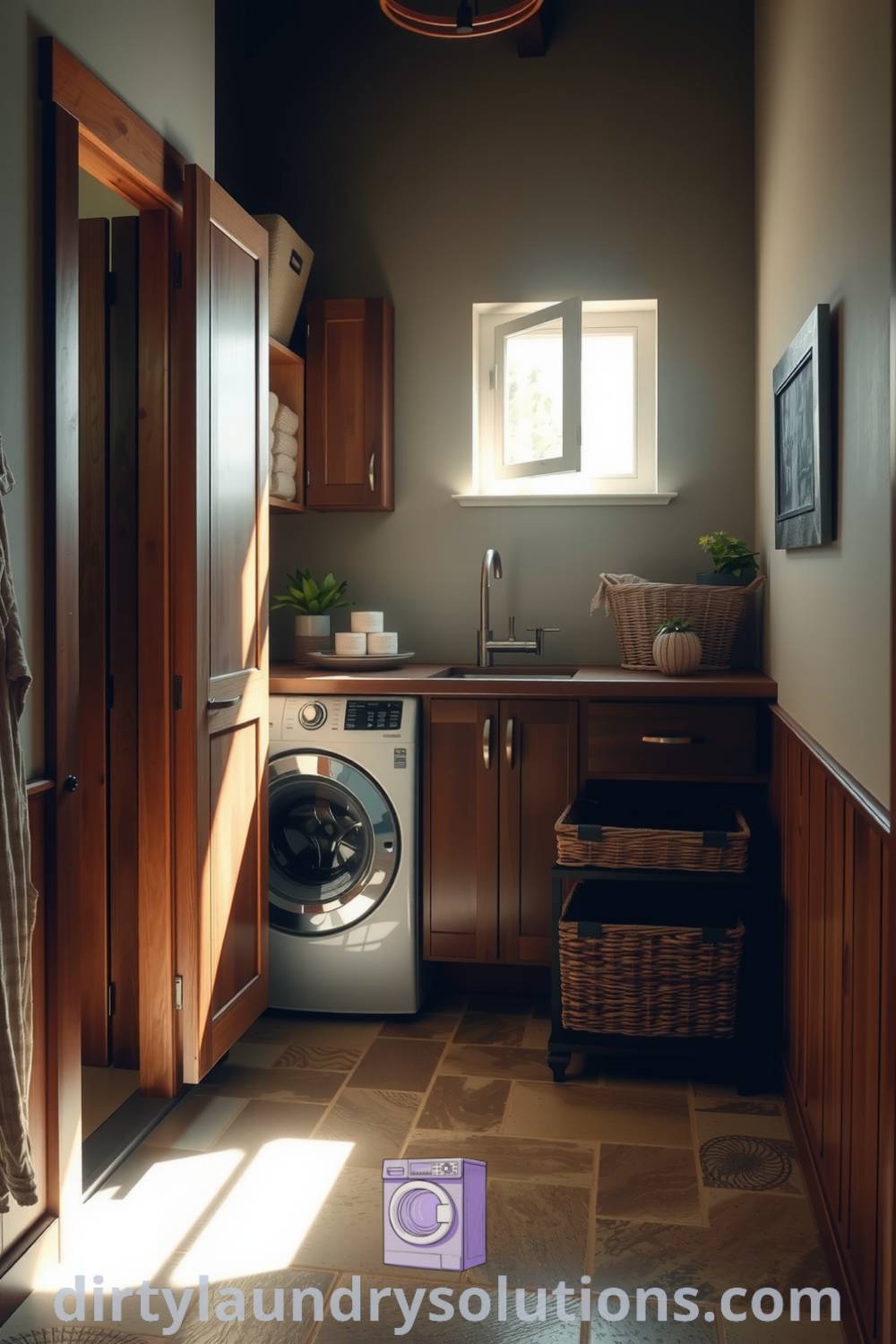 Cozy laundry corner with warm wood cabinetry, textured stone flooring, sunlight streaming through the window, and neatly stacked baskets, showcasing design ideas for small spaces. Explore more inspiring ideas for your home at dirtylaundrysolutions.com.