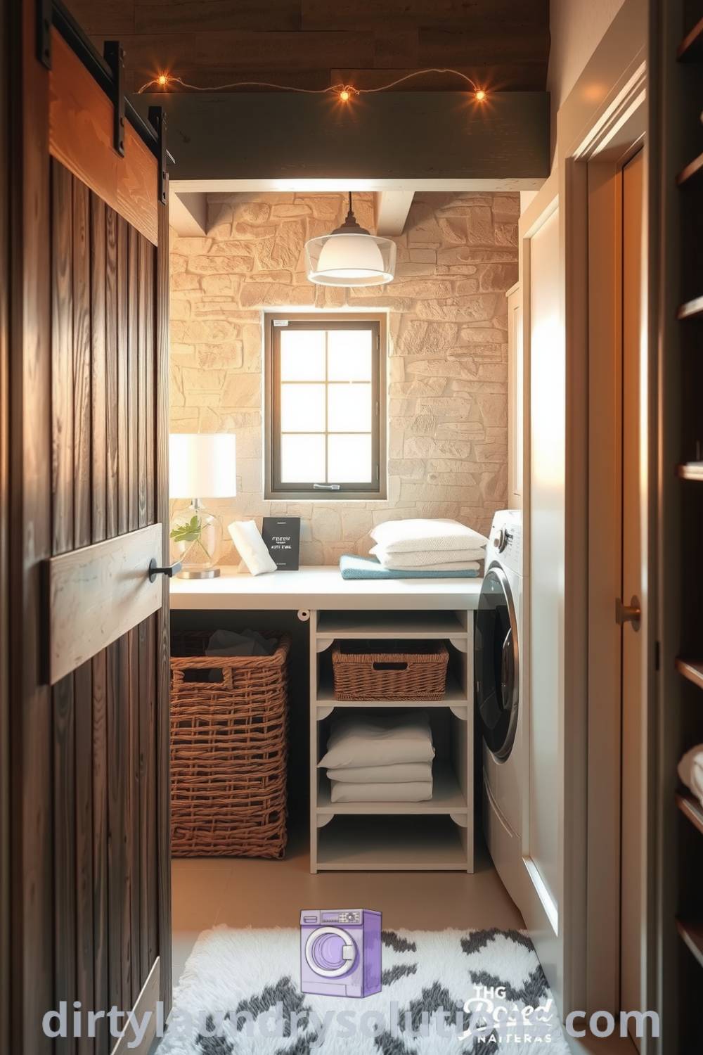 Cozy laundry nook featuring a rustic barn wood sliding door, textured stone walls, and stylish baskets for linens, creating an inviting and serene space for organization and comfort. Discover unique ideas for your home at dirtylaundrysolutions.com.