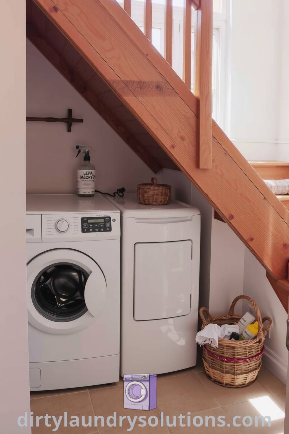 Cozy laundry nook under stairs featuring industrial washer and dryer, rustic wooden stairs, warm lighting, and a basket of laundry essentials, creating a practical and inviting space. Discover more inspiring ideas for small spaces at dirtylaundrysolutions.com.