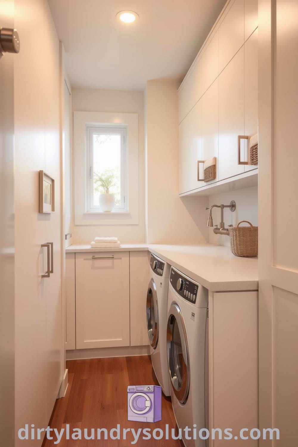 Contemporary hallway laundry design with sleek white cabinetry, brushed metal fixtures, and organized baskets, creating a cozy and functional atmosphere. Discover more inspiring ideas for your home at dirtylaundrysolutions.com.