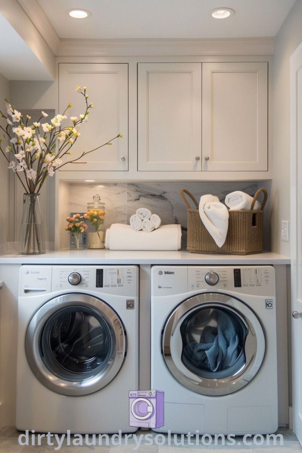A cozy mini laundry room with a white washer and dryer, adorned with flowers on the counter, offering stylish solutions for small spaces and decor ideas. Discover inspiring laundry room designs at dirtylaundrysolutions.com.