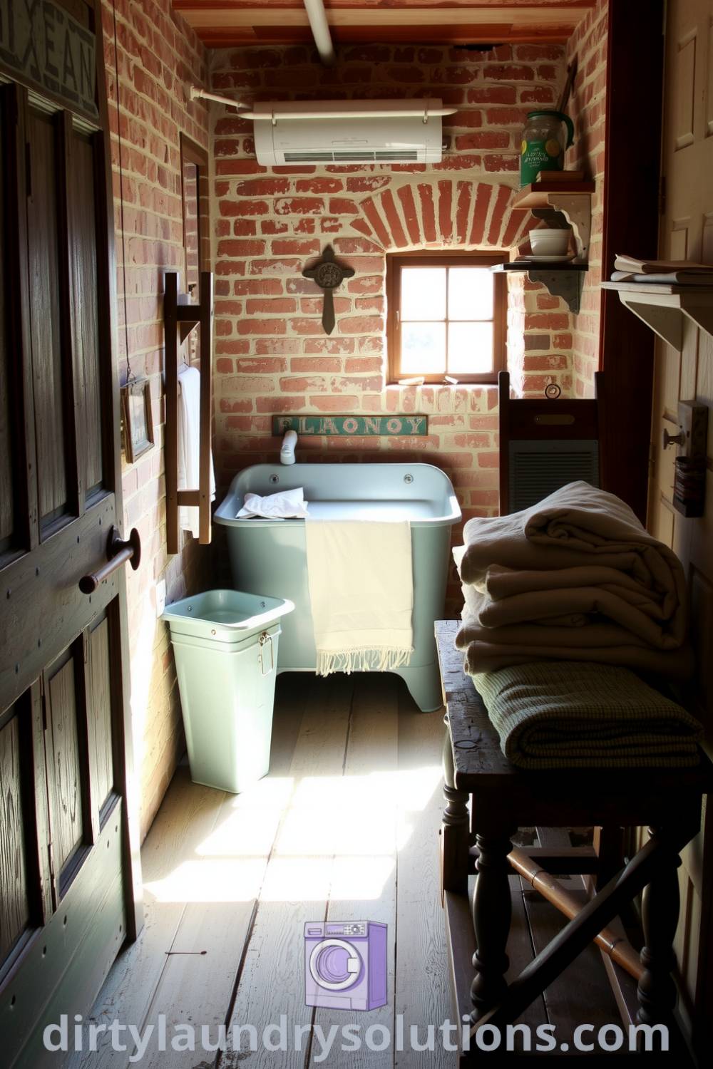 Cozy farmhouse laundry nook featuring exposed brick walls, vintage laundry tub, antique washboard, and neatly folded blankets on an old table, creating an inviting atmosphere. Discover more cozy ideas for your home at dirtylaundrysolutions.com.