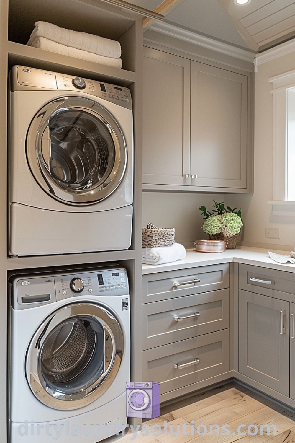 A cozy laundry room with a washer and dryer on top of cabinets, showcasing design ideas for utility spaces, including suggestions for basement bathrooms and beach house aesthetics. Discover practical solutions for your home at dirtylaundrysolutions.com.