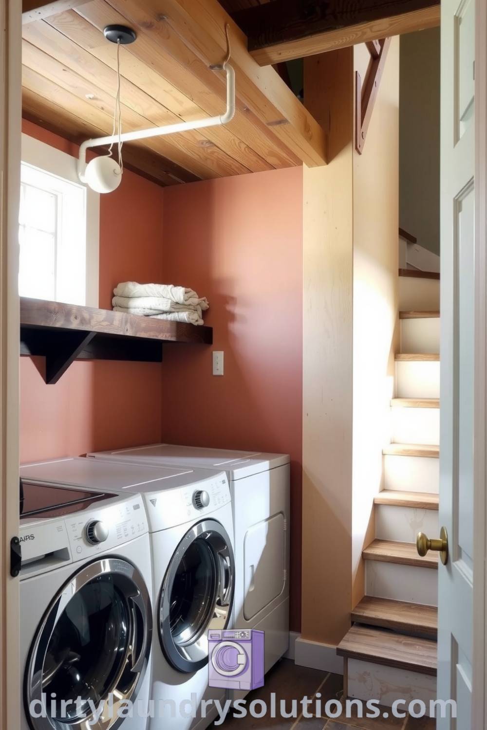 Cozy laundry room with warm hues, exposed wooden beams, well-used appliances, and neatly folded linens on wooden shelves, showcasing organized charm and inviting atmosphere. Explore inspiring design ideas for your home at dirtylaundrysolutions.com.
