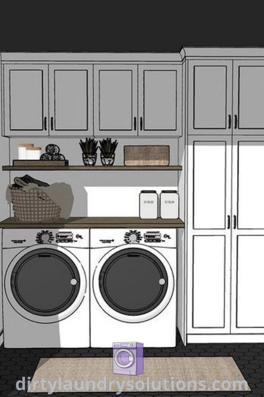 A cozy laundry room featuring a washer and dryer in an organized layout, with cabinets for storage and a seamless integration of a restroom and laundry area. Discover inspiring laundry room ideas and designs at dirtylaundrysolutions.com.