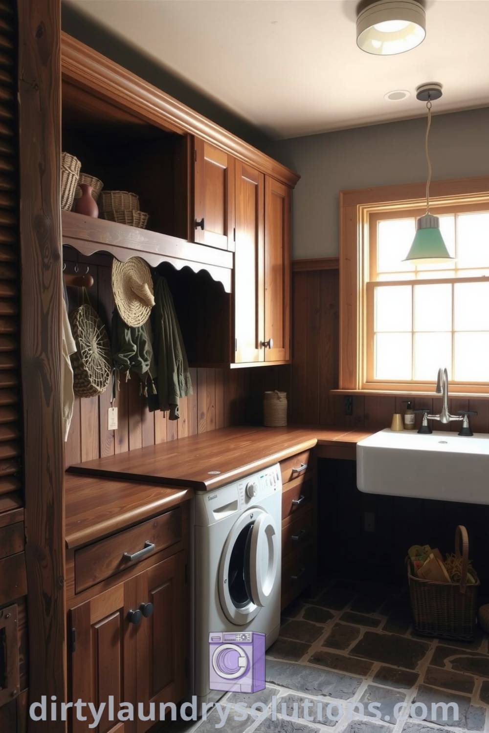 Cozy farmhouse laundry room featuring rustic wooden cabinets, a large sink by a sunny window, and vintage hooks, offering inspiring design ideas for creating a warm and functional space. Explore more ideas for your home at dirtylaundrysolutions.com.