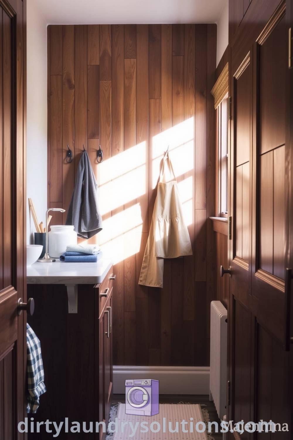 Cozy hallway laundry with weathered wood cabinetry, a folding countertop, and hooks for aprons, creating a welcoming atmosphere filled with sunlight and the scent of clean laundry. Discover design ideas for your home at dirtylaundrysolutions.com.