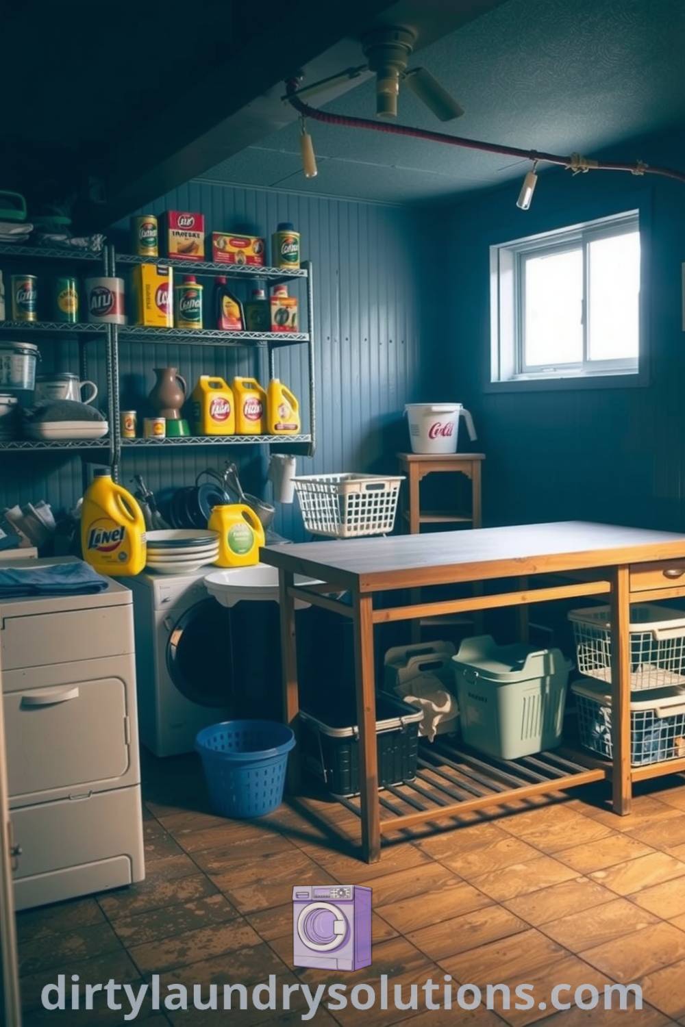 Retro basement laundry with faded linoleum floors, colorful vintage detergent boxes, and a cozy atmosphere perfect for organization and reflection. Discover unique ideas for your home at dirtylaundrysolutions.com.