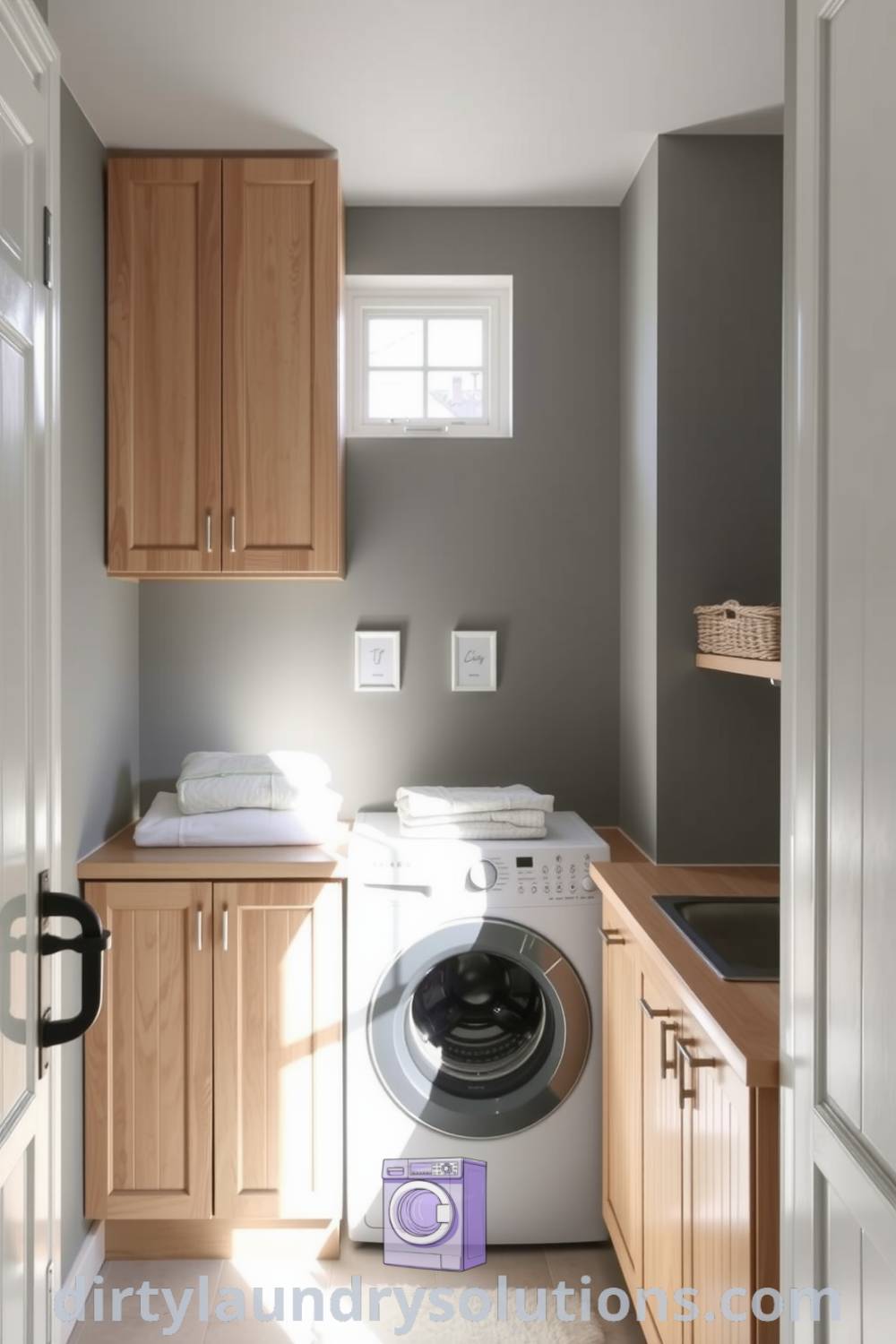 Scandinavian-style laundry hallway featuring light oak cabinetry, muted wall tones, cozy woven baskets, and neatly folded linens, creating a functional yet inviting atmosphere. Discover inspiring ideas for small spaces at dirtylaundrysolutions.com.