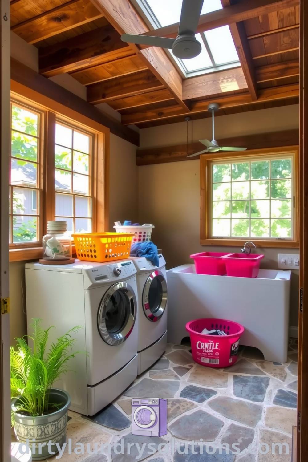 Cozy back porch laundry with rustic wooden beams, stone floor, colorful laundry baskets, and washers, creating an inviting and functional space. Discover more inspiring ideas for small spaces at dirtylaundrysolutions.com.