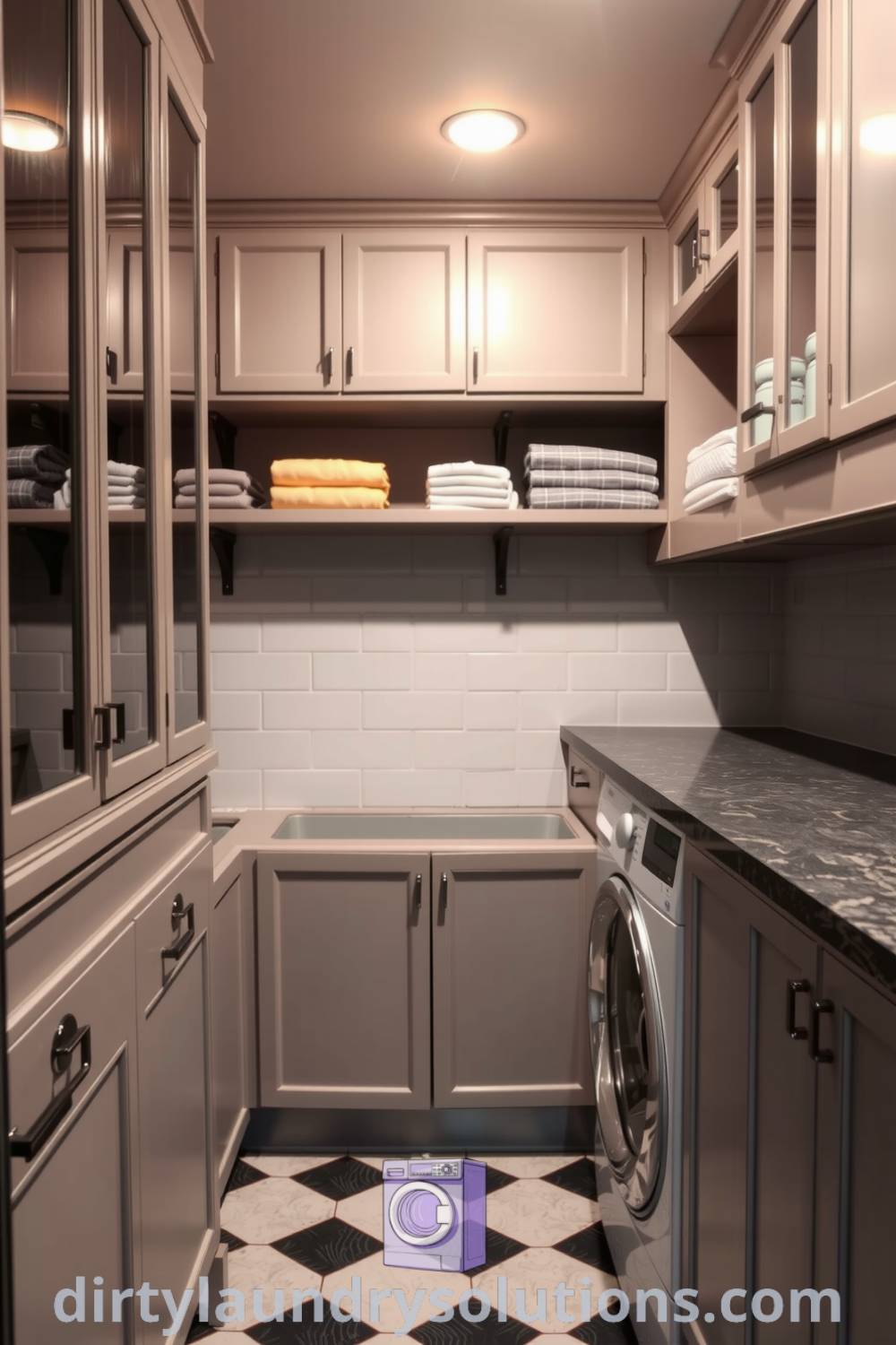 Art Deco basement laundry featuring geometric tiles, metallic accents, antique cabinetry, and a stone countertop, creating a cozy and stylish space perfect for daily chores. Explore inspiring ideas for your home at dirtylaundrysolutions.com.