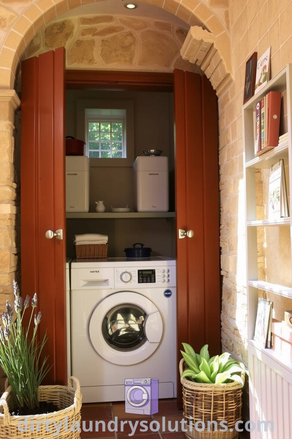 Laundry nook with rustic terracotta tiles, hidden appliances behind wooden doors, and charming ceramic accents, creating a cozy and practical space for small homes. Discover more unique ideas for your home at dirtylaundrysolutions.com.