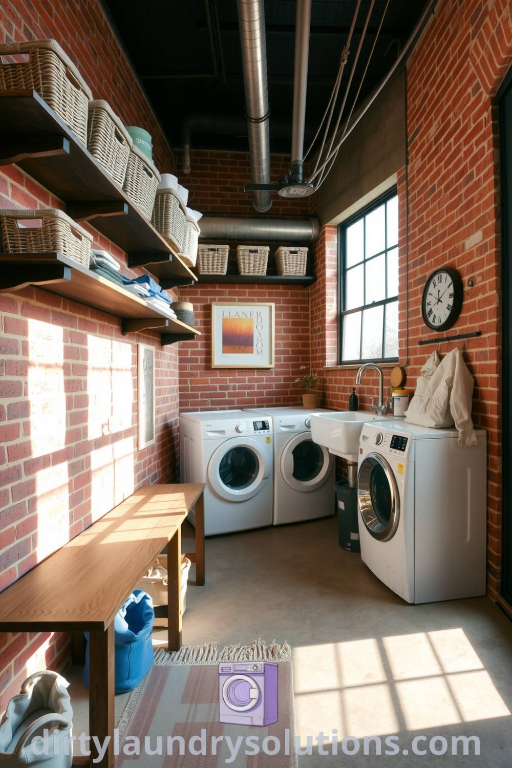Industrial mudroom laundry with exposed brick walls, metal accents, wooden bench, organized open shelving, and natural light creating a cozy and inviting atmosphere. Explore more inspiring ideas for your home at dirtylaundrysolutions.com.