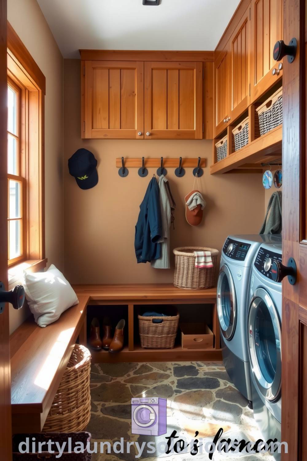 Cozy farmhouse mudroom laundry featuring wooden cabinetry, a weathered bench, hooks for coats, and woven baskets, creating an inviting atmosphere for both chores and comfort. Discover unique ideas for your home at dirtylaundrysolutions.com.