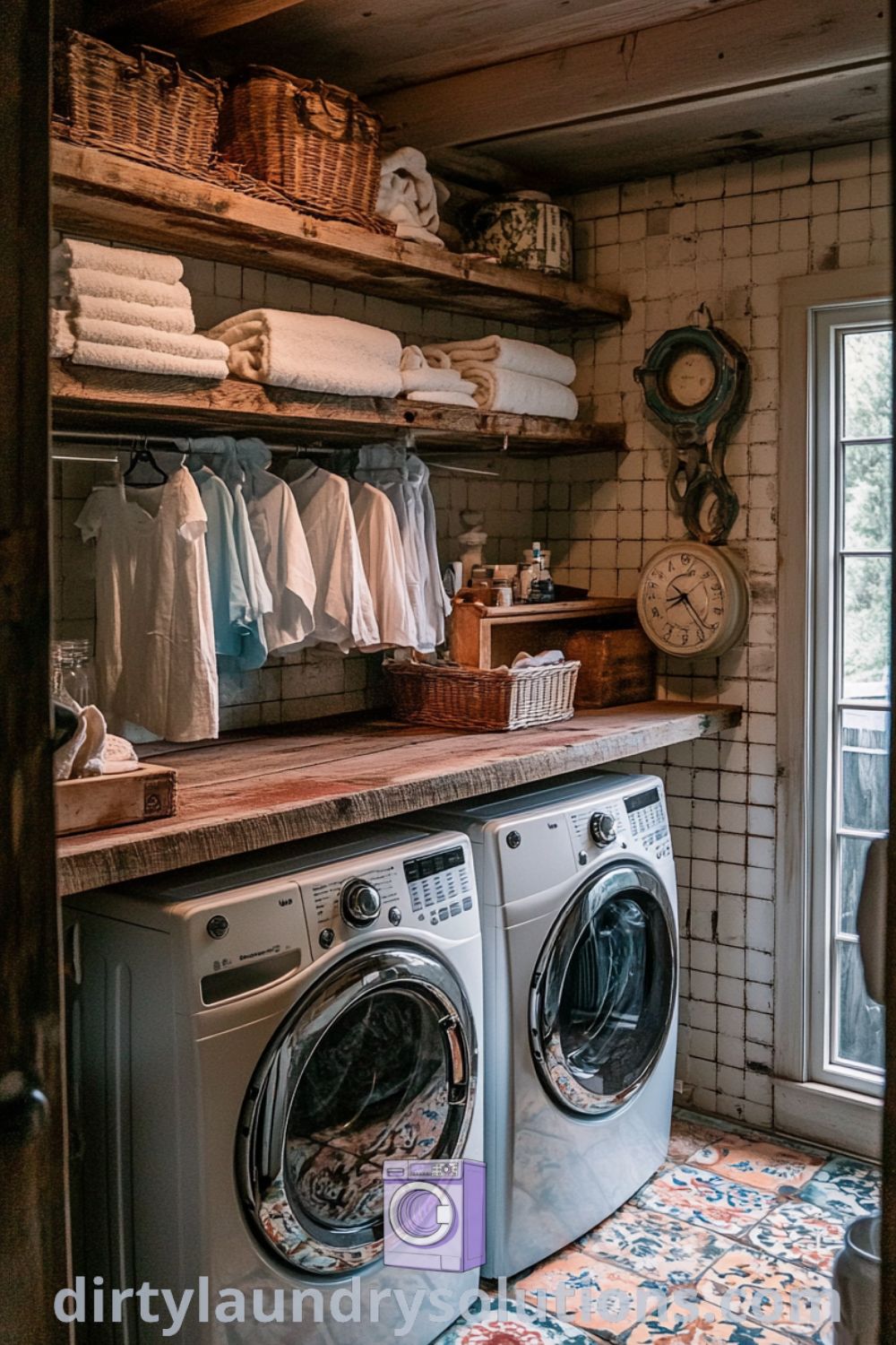 Cozy farmhouse laundry room featuring weathered wooden shelves, colorful towels, vintage tiles, and a rustic drying rack. This inviting space offers inspiring ideas for your home, perfect for busy homes and cozy aesthetics. Visit dirtylaundrysolutions.com for more unique ideas.