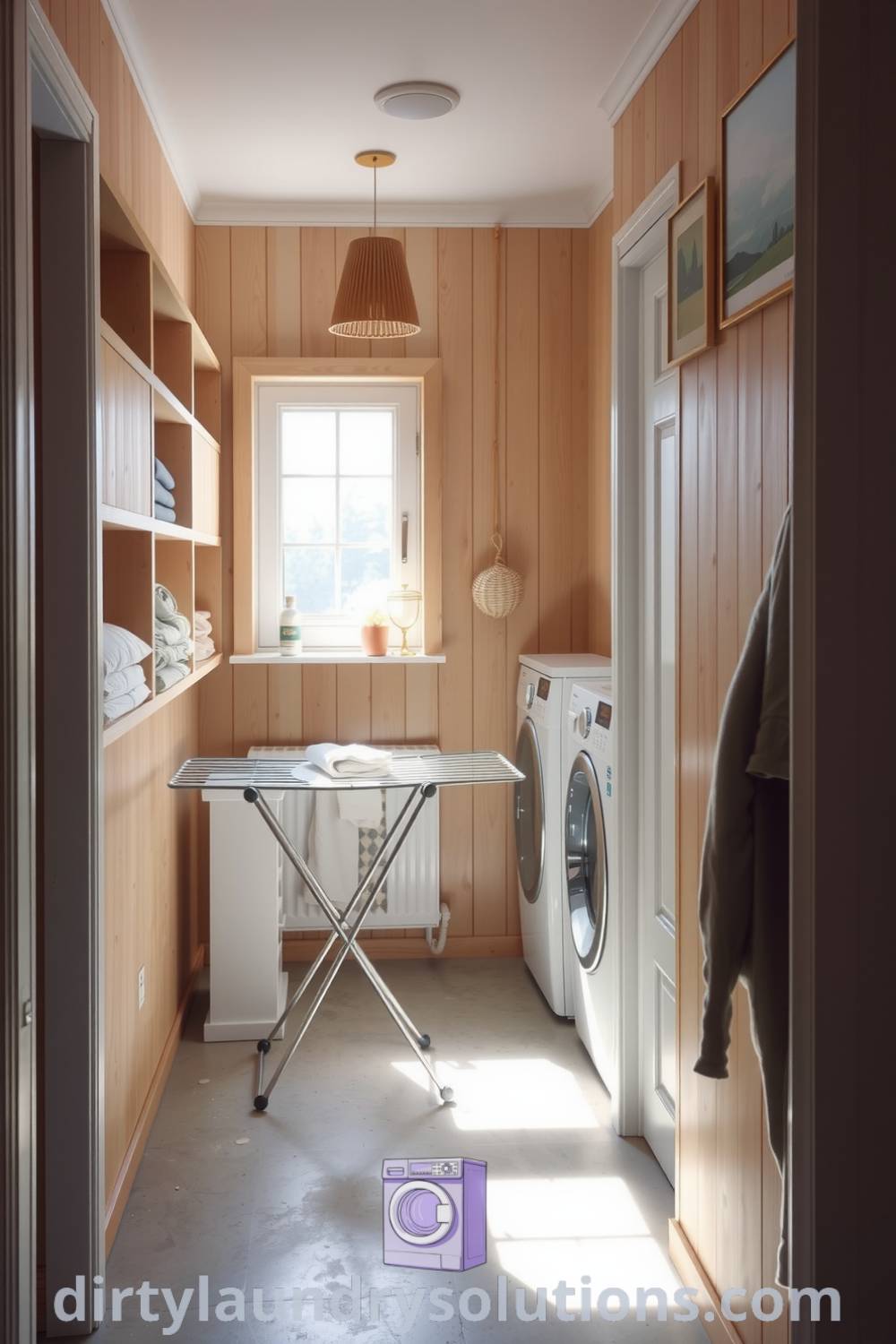 Scandinavian hallway laundry featuring light wood paneling, open shelves with folded linens, and a minimalist drying rack, illuminated by soft daylight, creating a cozy aesthetic ideal for organization. Find more cozy ideas for your home at dirtylaundrysolutions.com.
