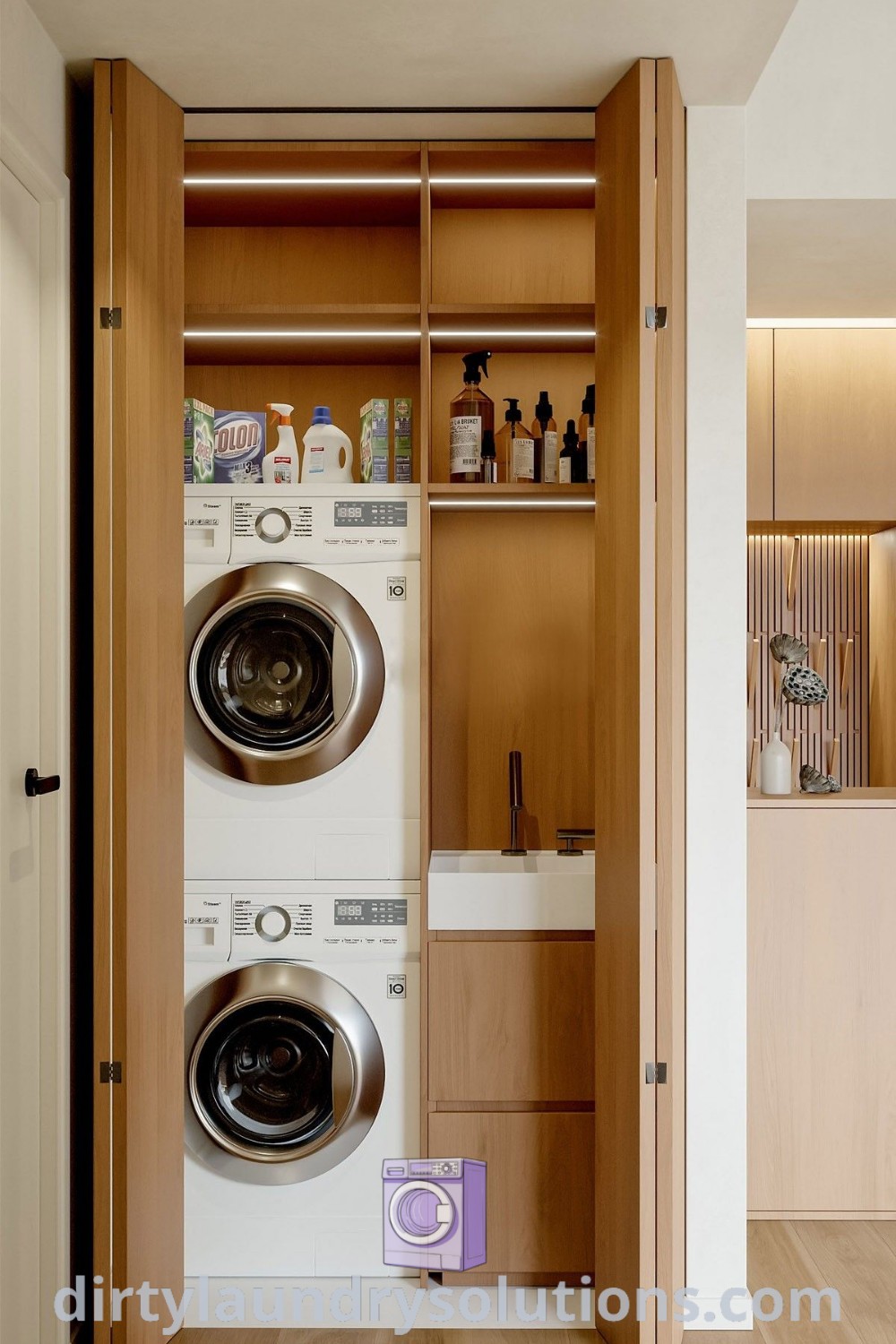 A cozy laundry space in a kitchen featuring a washer and dryer in a stylish cupboard with wood flooring, providing practical organization ideas. Discover more cupboard laundry ideas and solutions at dirtylaundrysolutions.com.
