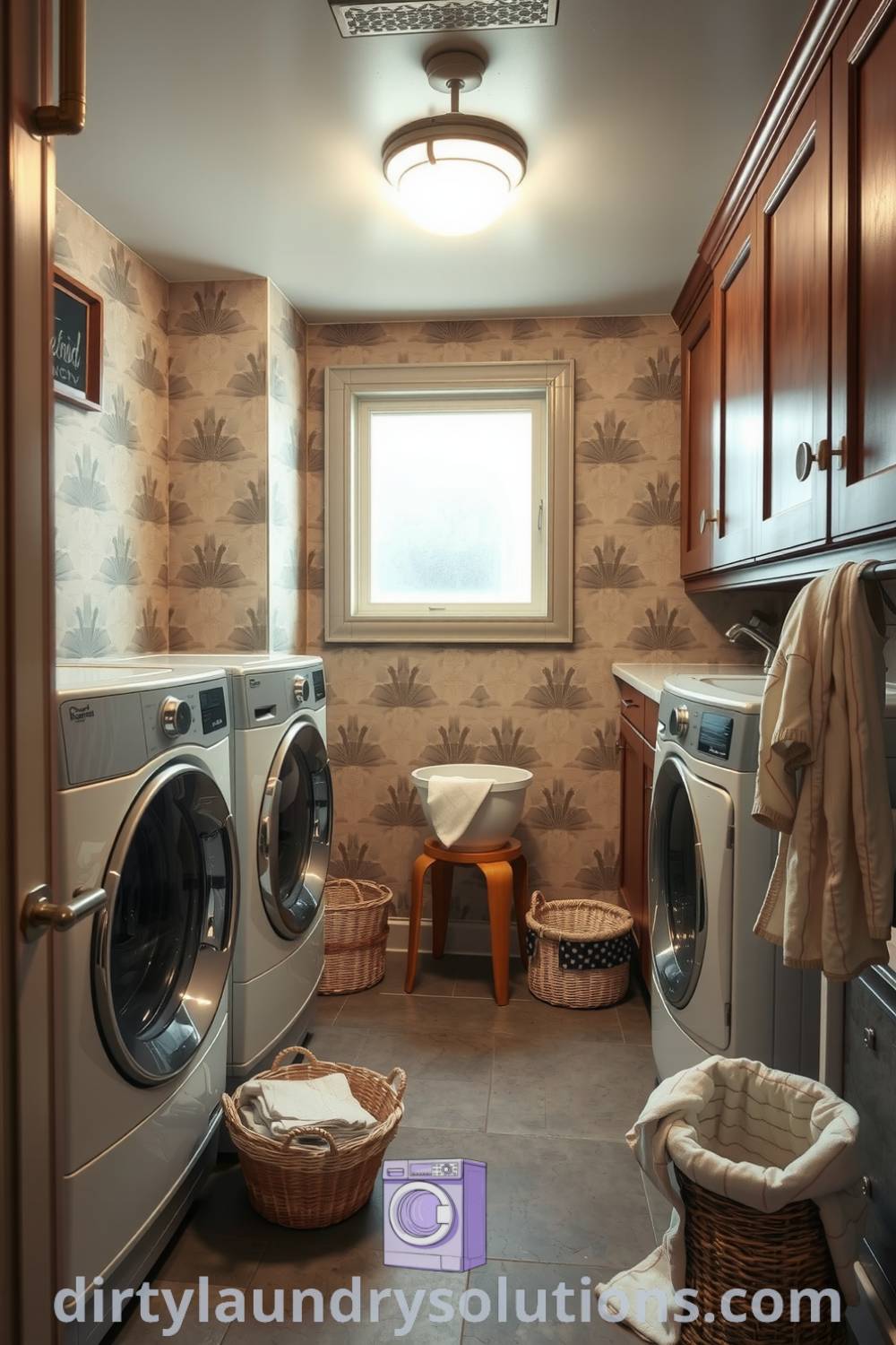 Art Deco inspired basement laundry with geometric wall patterns, polished metal accents, vintage washer and dryer units, and soft natural light. Discover unique ideas for your home at dirtylaundrysolutions.com.