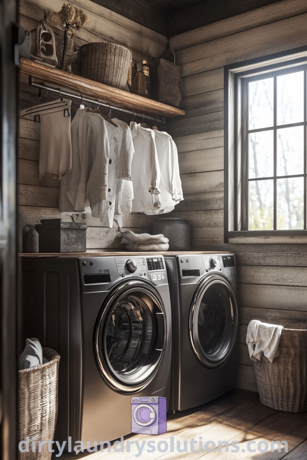 Cozy laundry room with rustic wood accents, soft textures, and clothes hanging from a wooden rack, illuminated by sunlight, creating a warm and inviting atmosphere. Discover inspiring ideas for your home at dirtylaundrysolutions.com.