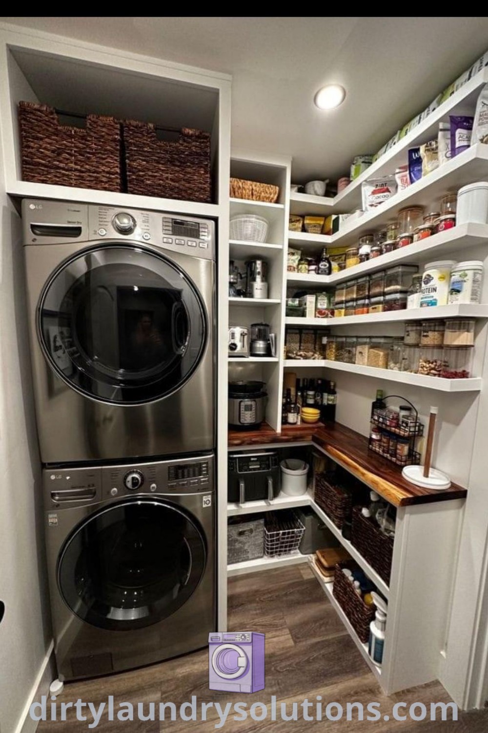 A laundry pantry combo with a large washer and dryer in a small utility room, adorned with shelves for optimal organization. Discover cozy ideas and unique solutions for maximizing space at dirtylaundrysolutions.com.