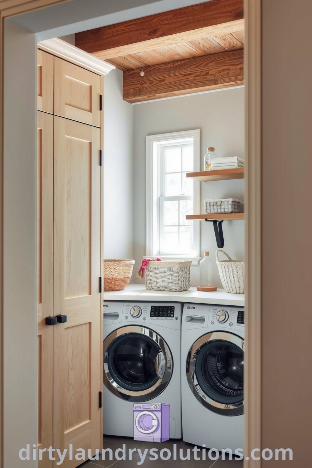 Cozy Scandinavian laundry nook featuring pale wood cabinetry, soft gray walls, neatly tucked washer and dryer, and woven baskets for organization. Explore inspiring ideas for small spaces at dirtylaundrysolutions.com.