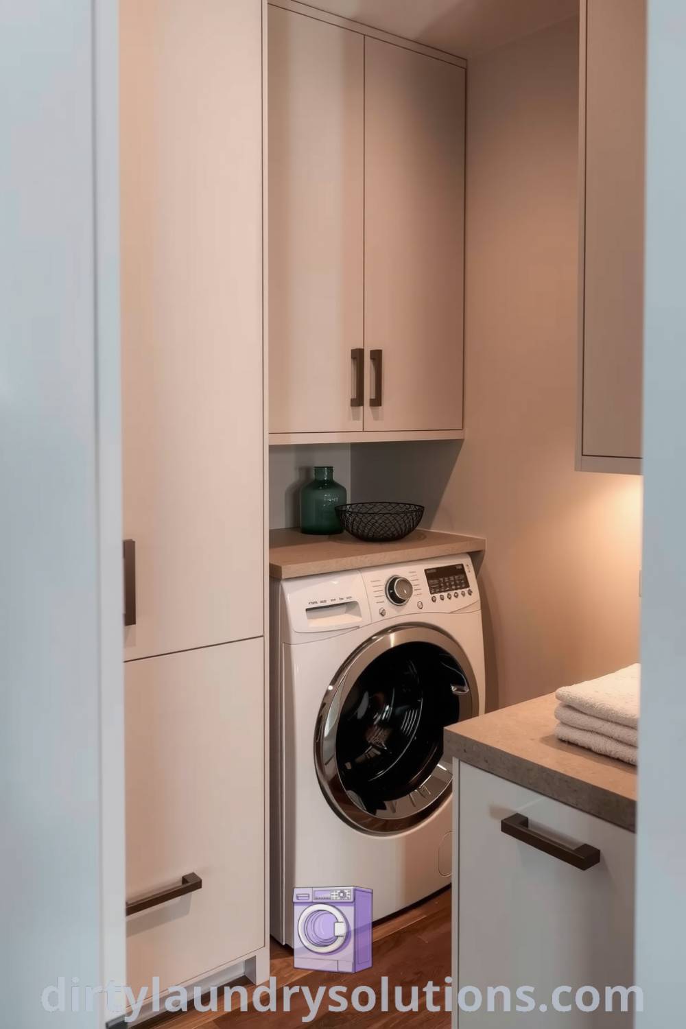 Cozily designed laundry nook with seamless cabinetry, a stone countertop for folding clothes, and warm lighting enhancing the calming atmosphere. Discover unique ideas for your home at dirtylaundrysolutions.com.