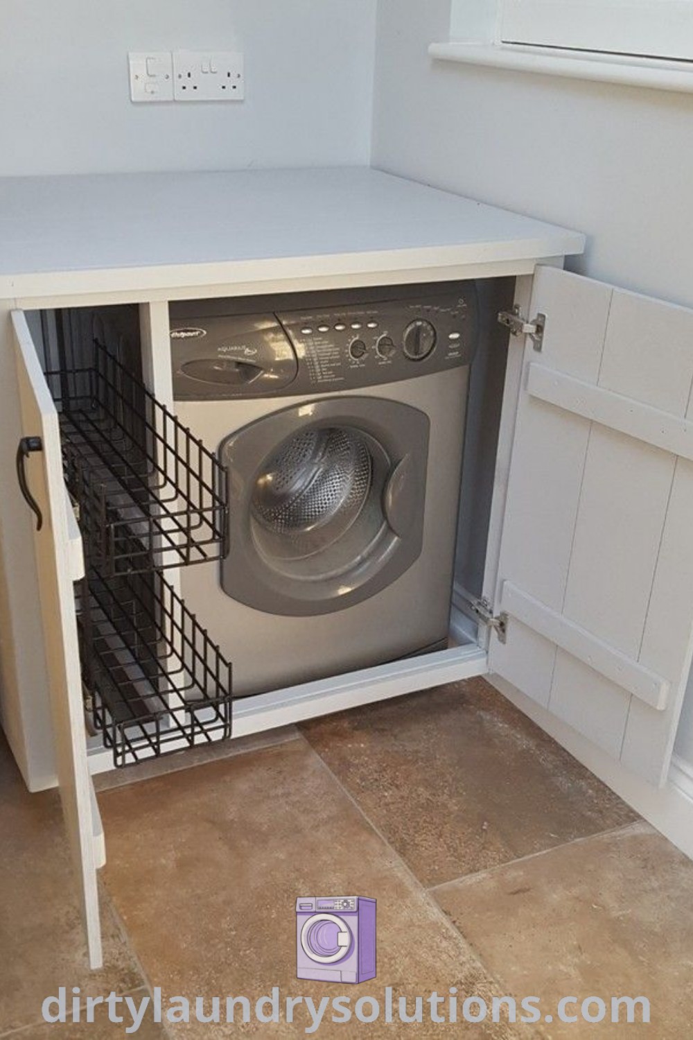 A cozy laundry room with a washing machine and dryer set up alongside a stylish countertop and tile flooring, showcasing organized solutions for small spaces. Explore unique ideas for busy homes at dirtylaundrysolutions.com.