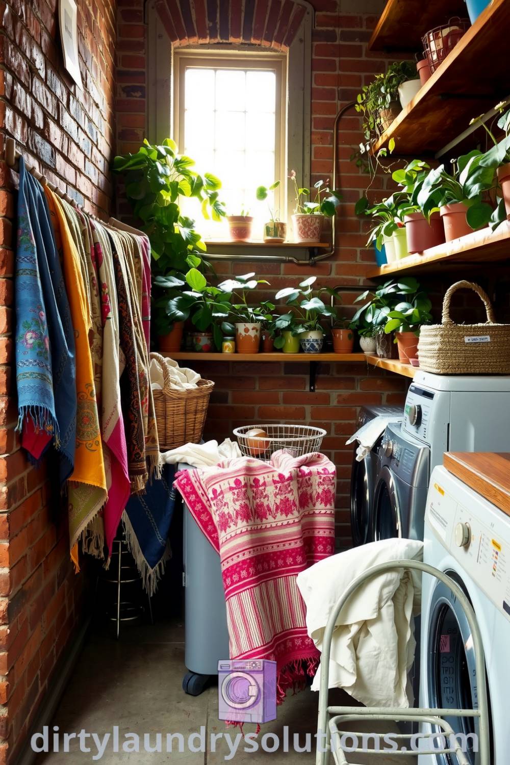Bohemian basement laundry featuring vibrant textiles, mismatched linens, wooden shelves with plants, and a vintage metal chair, creating a unique and cozy aesthetic. Discover inspiring ideas for your home at dirtylaundrysolutions.com.