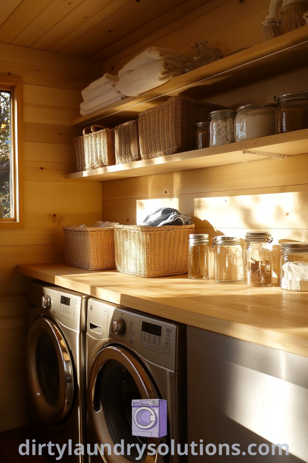 Stainless steel washer and dryer units in a cozy laundry room with built-in light wooden shelving, organized baskets, and jars, illuminated by sunlight filtering through the window. Discover cozy design ideas for your home at dirtylaundrysolutions.com.