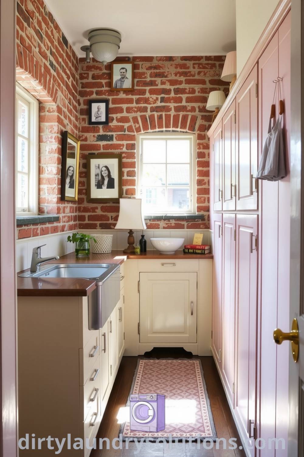 Cozy retro laundry hallway with pastel cabinetry, exposed brick walls, patterned runner, and quirky decor, creating an inviting and nostalgic atmosphere. Discover unique ideas for your home at dirtylaundrysolutions.com.
