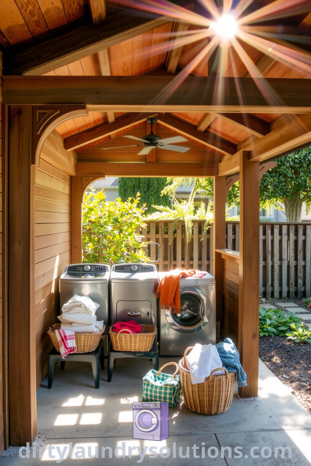 Cozy patio laundry area with weathered wooden frame, robust metal washers and dryer, organized baskets of laundry, and sunbeams filtering through slatted roof, providing a charming and practical retreat. Discover more cozy ideas for your home at dirtylaundrysolutions.com.