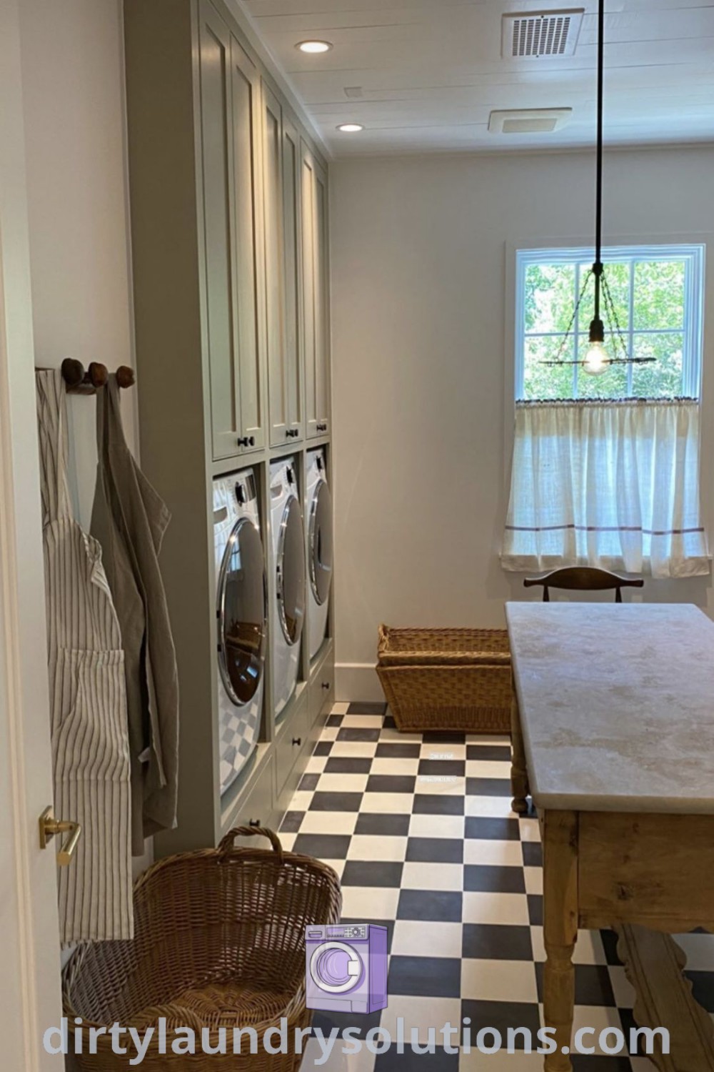 A clean and well-organized laundry room featuring a checkered floor, embodying Modern Country Apartment design ideas, perfect for busy homes. Find more inspiring solutions and unique ideas for your home at dirtylaundrysolutions.com.