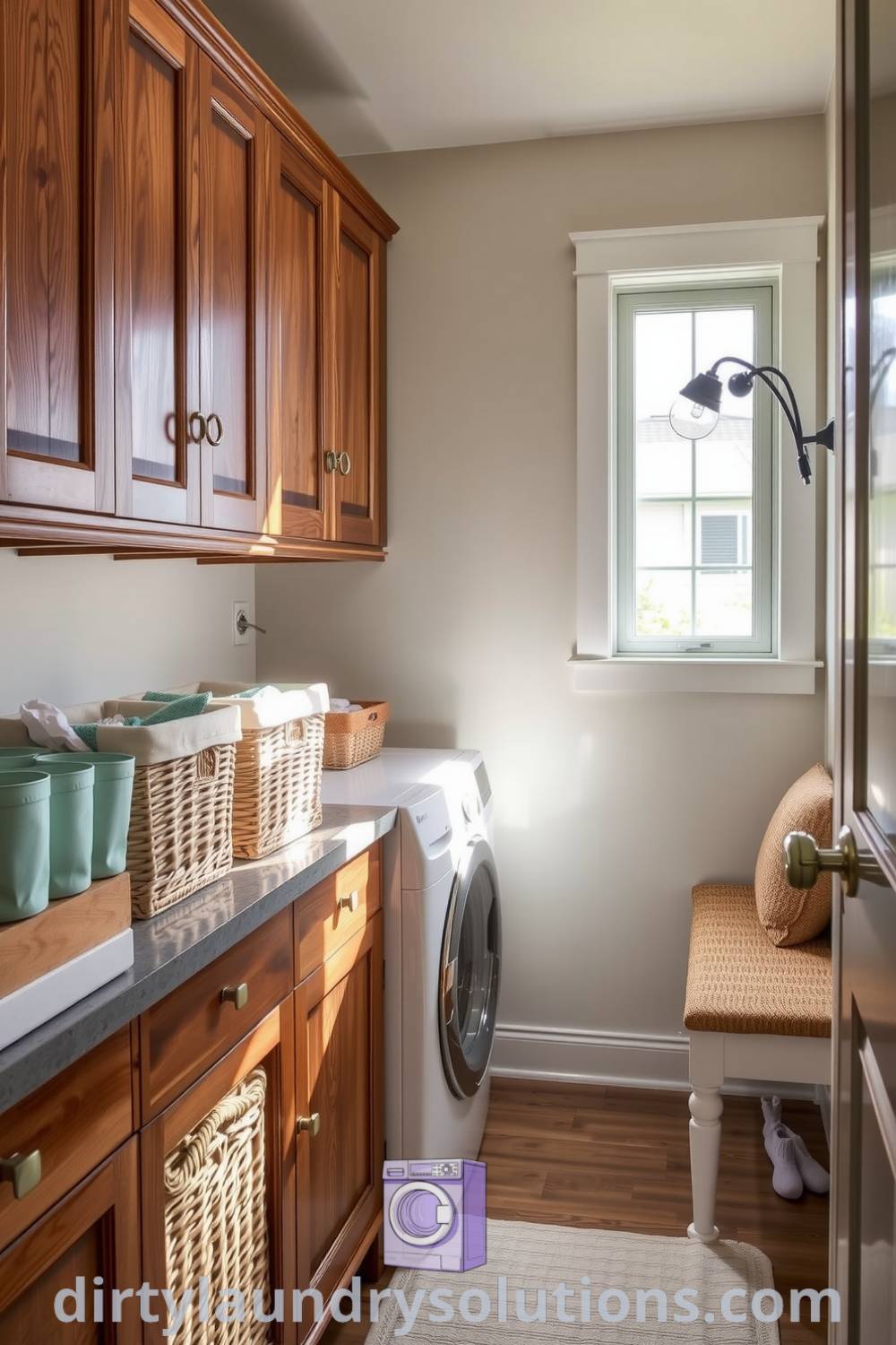 Transitional laundry hallway featuring warm wooden cabinetry, cool stone countertops, wicker baskets for organization, and an inviting bench, exemplifying cozy aesthetic and practical design ideas. Explore inspiring ideas for your home at dirtylaundrysolutions.com.