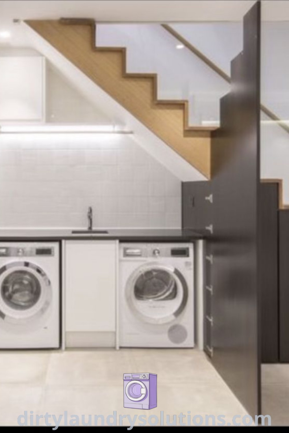 A cozy under stair laundry room with a washer and dryer, showcasing design ideas for small spaces and effective organization solutions. Discover inspiring concepts and more at dirtylaundrysolutions.com.