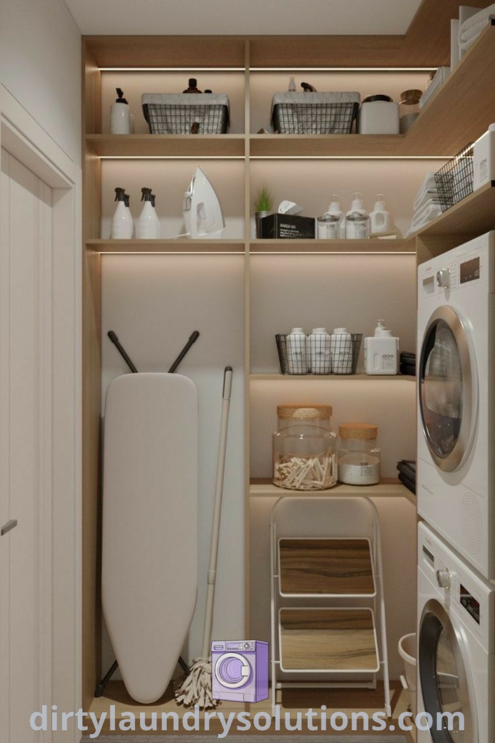 A cozy laundry room featuring a washer and dryer beside a shelf filled with dishes, highlighting floral design ideas and organization solutions. Discover unique storage options and decor tips at dirtylaundrysolutions.com.