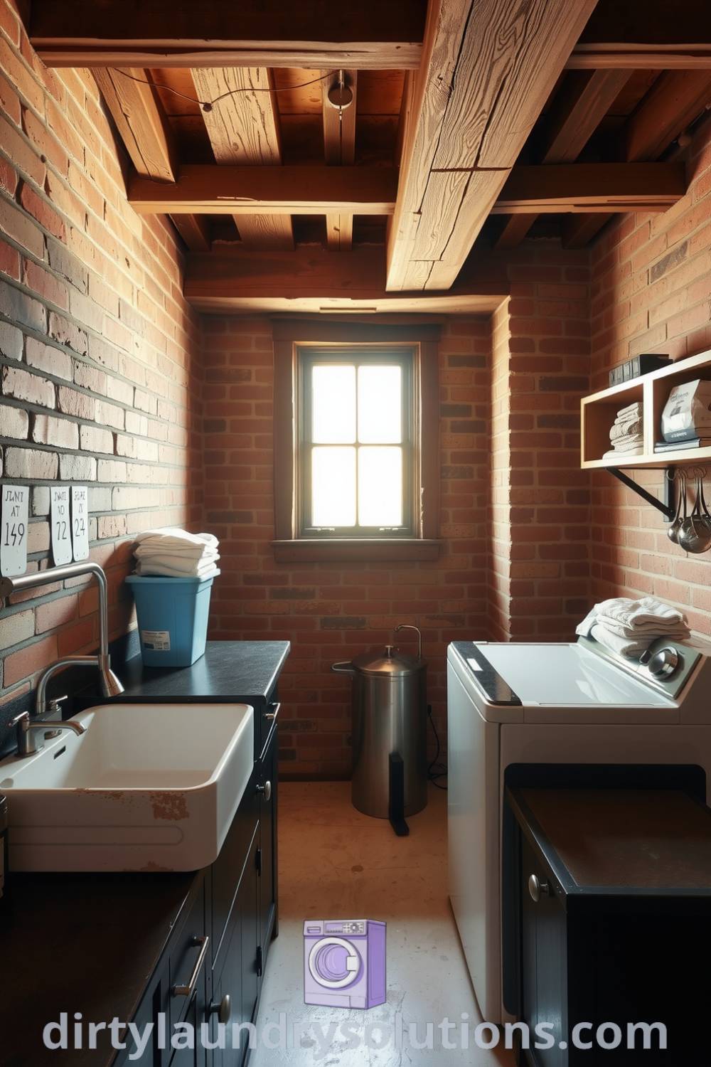 Cozy basement laundry with exposed brick walls, weathered wooden beams, a sturdy utility sink, and dark cabinetry, creating an inviting atmosphere perfect for organization and weekend chores. Discover inspiring ideas for your home at dirtylaundrysolutions.com.