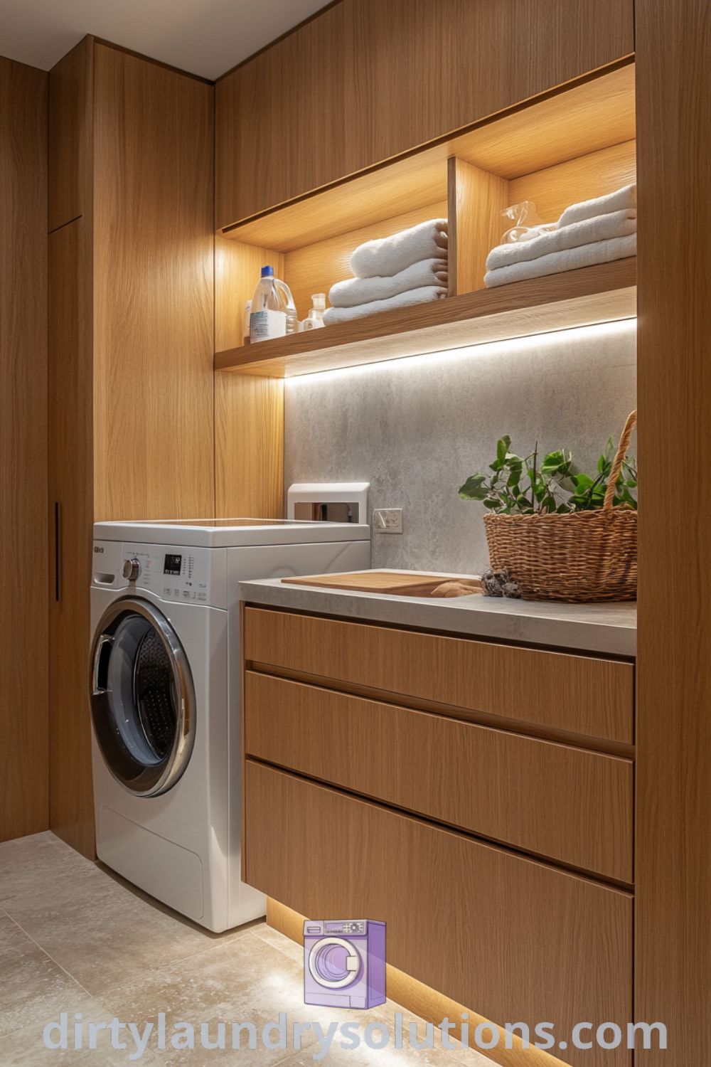 Scandinavian-inspired laundry area featuring sleek washer and dryer between natural wood cabinetry and a pet wash shower station, all in soft lighting. Cozy ideas and design inspirations for your home can be found at dirtylaundrysolutions.com.