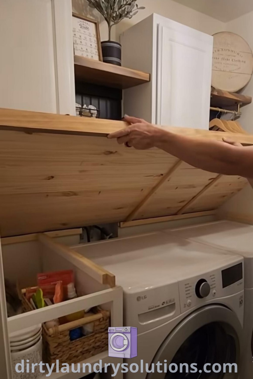 A cozy laundry closet with a functional folding table and effective storage solutions, optimizing small spaces. Discover more inspiring laundry room ideas and designs at dirtylaundrysolutions.com.