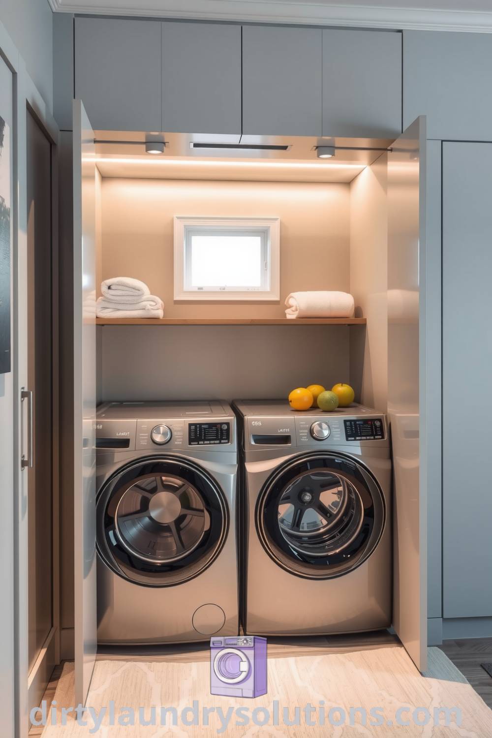 Cozy hidden laundry space featuring sleek washer and dryer behind cabinet doors, warm wooden shelves with neatly folded towels, and a soft rug, creating an inviting atmosphere perfect for small spaces. Explore inspiring design ideas at dirtylaundrysolutions.com.