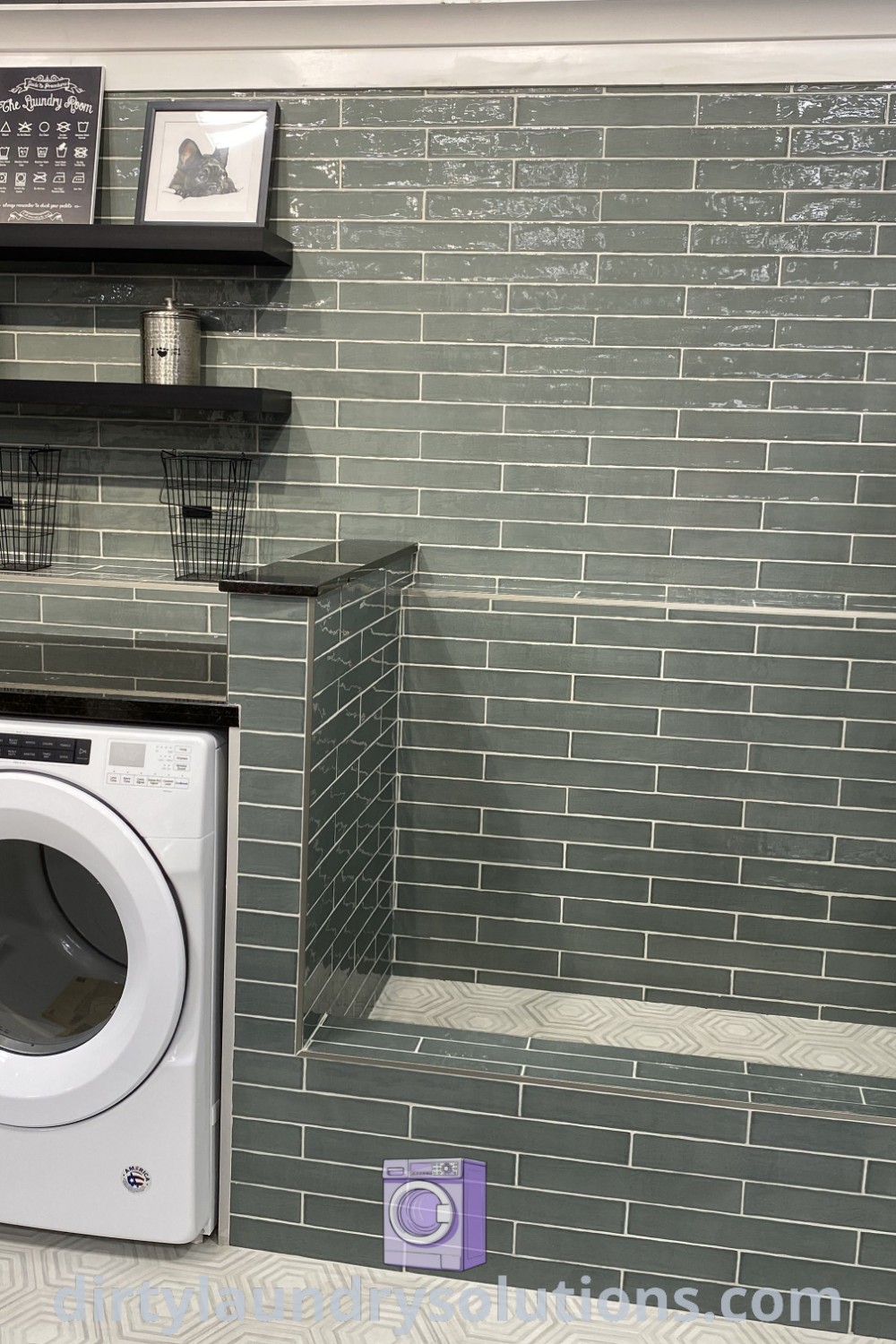 A utility room showcasing a washer and dryer along with a dedicated dog wash area, accented by green tiles on the wall. This space offers inspiring design ideas for a cozy home and effective dog grooming solutions. Find more at dirtylaundrysolutions.com.